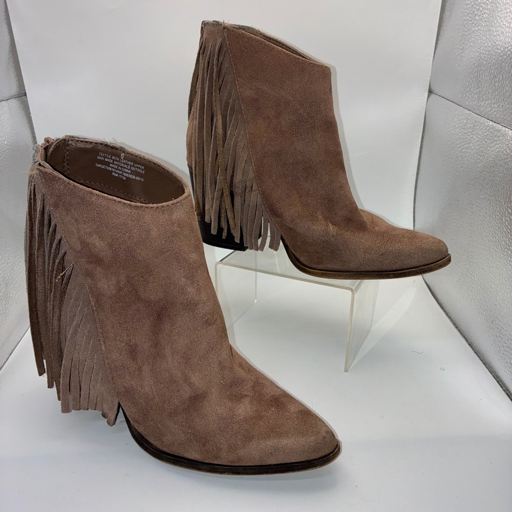 Target Womens Brown Fringe Ankle Boots Pointed Toe Block Heel Size 6 RN‎ 17730